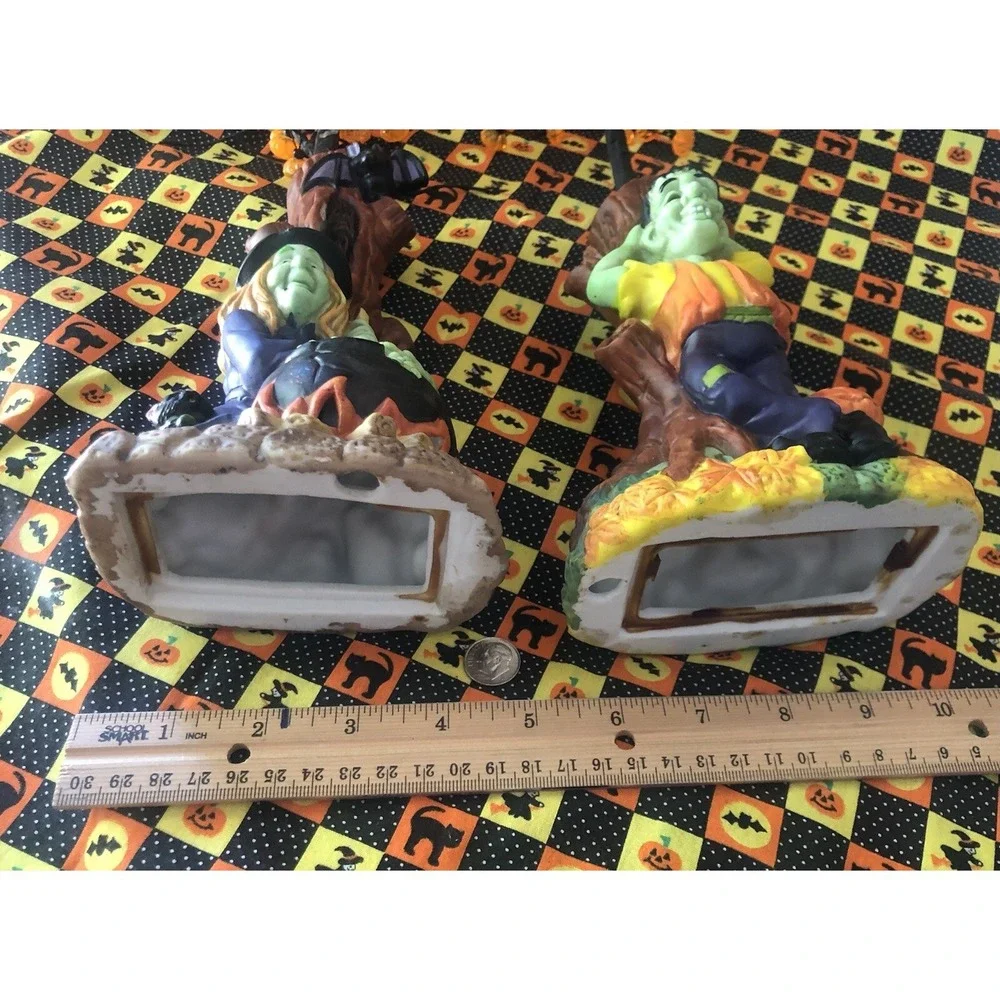 2  Ceramic Halloween Decoration Trees Witch & Frankenstein Orange Pumpkin Strand